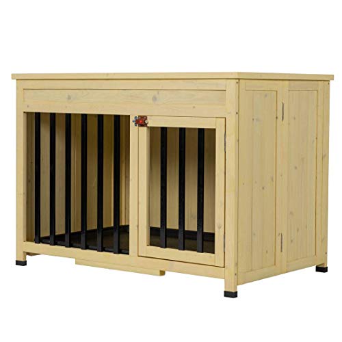 Good Life No Assembly Foldable Indoor Nature Wood Dog Crate Pet Cage Portable Cat/Dogs House Metal Railing with Tray (28" inch L)