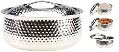 Stainless Steel Hot Pot Insulated Food Warmer Double Wall Round Casserole Hotpot Serving Dish Thermal Hammered Serving Bowl Tortilla Warmer Tortilla Holder Rice, Soup Chappati Roti Meals (4000ml)