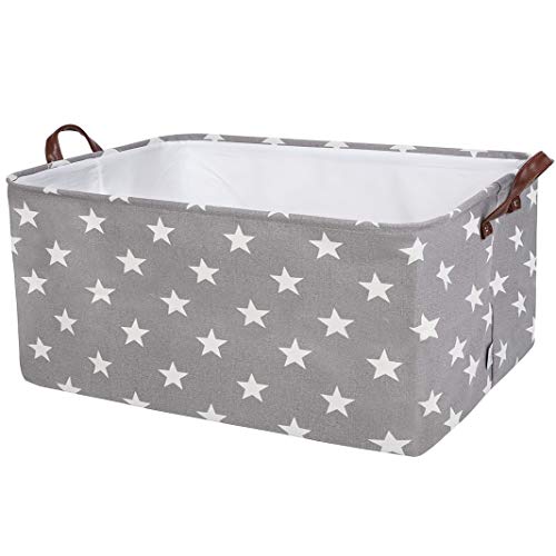 DOKEHOM 22-Inches Thickened X-Large Storage Basket -22x15x13 Inches- Drawstring Canvas Underbed Storage, Square Cotton Linen Collapsible Toy Basket (Grey Star, XL)