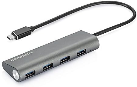 HONGSEOK Aluminum Type C to 4 Port USB 3.0 Hub Bulit in 11" Cable Superspeed Data Transfer Rates Up tp 5Gbps for Newest Mac Book,ChromeBook Pixel,Nexus 6 and Other USB C Devices