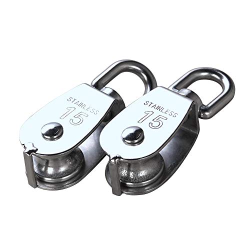 HUICAO 2Pcs M15 Silver Single Pulley Block 304 Stainless Steel Single Wheel Wirerope Traction Trolley Crane Swivel Hook Pulley Roller Loading 35kg