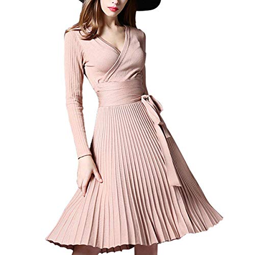Midi Winter Dresses for Women Spring Pleated Knit Long Sleeve V Neck Knee Length Surplice A-line 