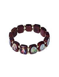 Elástica de Madera Pequeña Plaza Católica Santos pulsera, Assorted Católica imágenes, 2.5 inch
