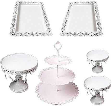 KLOOM Cake Holder set,[6 pcs] Metal Crystal Cupcake Stand Cake Dessert Holder with Pendants and Beads,Wedding Birthday Dessert Cupcake Pedestal Display,White