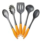 Deiss ART 5-piece Nylon Utensil Set - Soup Ladle, Slotted Turner, Spaghetti Server, Serving Spoon, Slotted Serving Spoon - Soft Ergonomic Handle - Safe for Non-stick Cookware