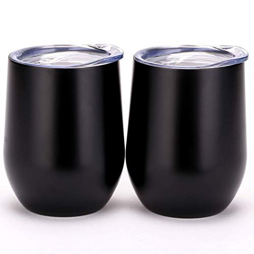 MASCOTKING Wine Glasses Tumbler - 12 oz 2 Pack - Double Wall Vacuum Insulated Cup with Lids for Keeping Wine, Coffee, Drinks - Beverage Warm in Winter -Perfect Mother's Day Gifts