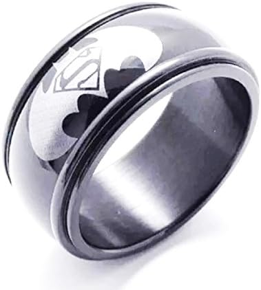 Ellis Family Gaming 10MM Polished Black Batman & Superman Logo Band Ring Titanium Stainless Steel Men Women