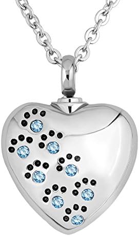 Arlen Pet Paw Heart Love Urn Necklace For Ashes Cremation Keepsake Memorial Pendant (Light Blue)