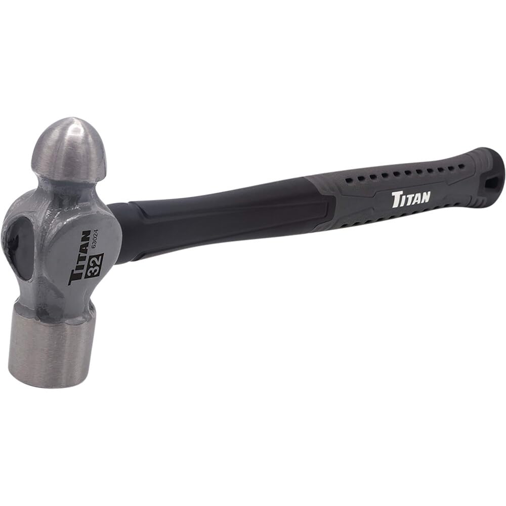 Titan 63024 32oz Ball Pein Hammer, Forged Steel Head, 14.5" Shock Absorbing Fiberglass Handle with Textured Rubber Grip