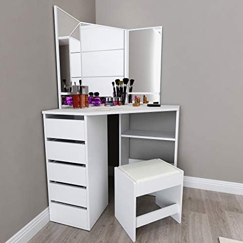Cgkuiter White Vanity Table Set Lshaped Corner Vanity Table Makeup Desk With 3fold Mirrors And 5 Drawers Modern Dressing Table Storage Cabinet For Bedroom Bathroom