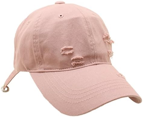 Men Women Distressed baseball cap Long Strap Vintage Street Style Ripped Curved Brim Hat (One size, Pink)