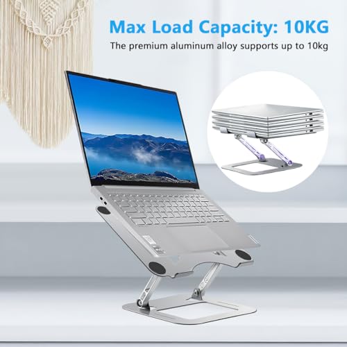 Gluckluz Adjustable Laptop Stand for Desk Ergonomic Laptop Riser Aluminum Notebook Holder Foldable Computer Elevator Compatible with 11" to 17.3" MacBook Pro/Air, Tablet (Silver)