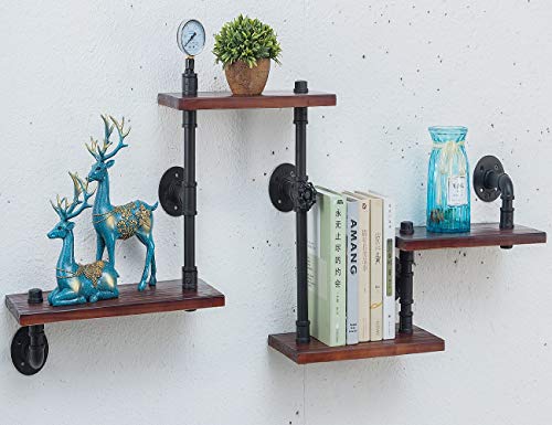 DOFURNILIM Industrial Rustic Wall Wood Pipe Ladder Floating Shelves - DIY Modern Storage Shelving Bookshelf for Bathroom Kitchen Office Home - Steampunk Wood Shelf Bookcase - 4 Tier - Thumbnail 2