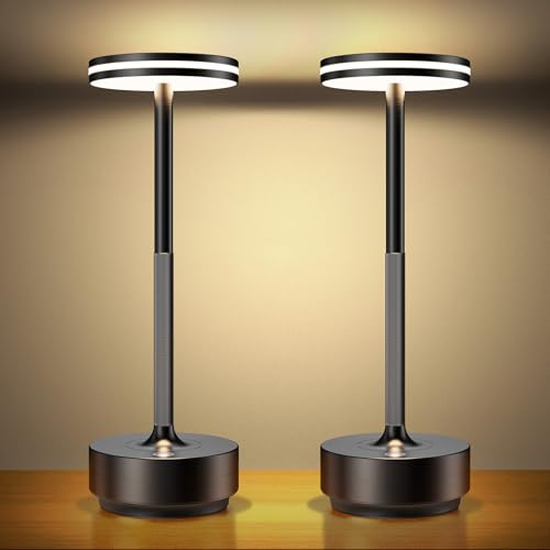 Hapfish Wireless LED Table Lamp, 5000mAh 2 PCS Bedside Lamp with USB Rechargeable Battery, Powerful Battery Desk Lamp, 3 Color Temperatures, for Indoor/Outdoor Restaurant, IP54