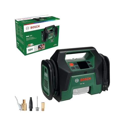 Bosch Akku-Kompressor PAO 18V (zum Aufpumpen von Reifen bis hin zu großen Schlauchbooten, inkl. Reifenventil, Luftpumpenclip, französischem Ventil, Ba