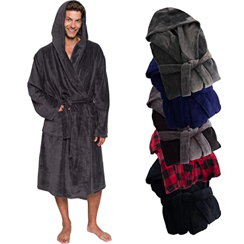 Ross Michaels Mens Robe Hooded Wrap Style Mid Length Plush Fleece