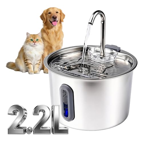Mstail Fonte de Água pra Gato, Bebedouro para Gatos Silenciosa Inox Carvão Ativado LED Indicador Fonte De Água para Cães e Gatos (2,2L, TY10)