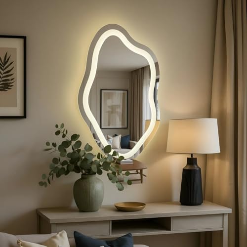 Espelho Orgânico 02 Jateado 3 Cores de LED e Touch Screen - Decorativo Lapidado Iluminação Luxo (50x80cm)