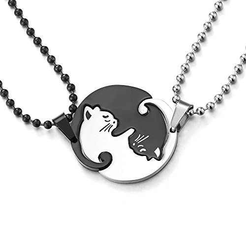 COOLSTEELANDBEYOND Pair Steel Black Silver Matching Kitty Cat Friendship Pendant Necklace, Lovers Couples Friends