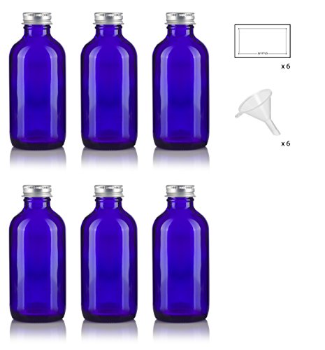 4 oz Cobalt Blue Glass Boston Round Bottles with Silver Metal Screw On Caps (6 pack) + Funnel and Labels