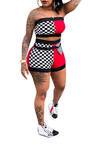 Remelon Women Sexy Plaid Print Tube Crop Top Belt Shorts Set 2 Piece Outfits Romper Jumpsuits Red XXL