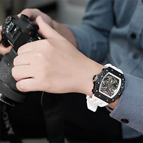 TSAR BOMBA Watch for Men, 50M Waterproof Automatic Mens Watch, Skeleton Mechanical Tonneau Big Face Dial Black Watch with Silicone Watch Bands, Gifts for Men