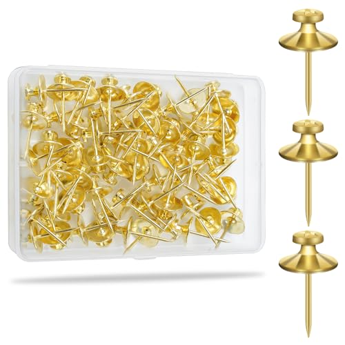 KURUI 60-Pack Metal Push Pins for Wall Hanging Decor, Renter Friendly Hooks for Bedroom Office Gallery Dorm Home, Double Headed Thumb Tacks for Tapestry/Canvas/ Picture Frame/Art, Gold Picture Hangers