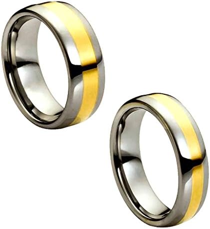 Wedding Band Ring Set For Him &amp; Her - 8MM/6MM Tungsten Carbide Duo Tone Domed Golt Plated Center