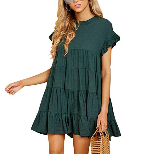 Joteisy Women's O Neck Ruffle Sleeve Tiered Casual Mini Dress (L, Green)