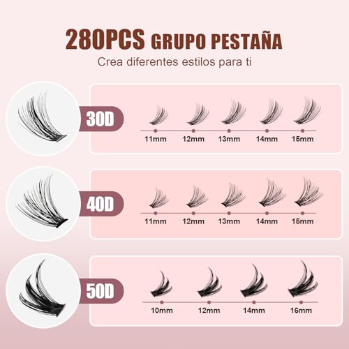 Kit Completo de Pestañas Postizas DIY 280 Racimos, Todo En 1 Mezcla 30D 40D 50D Con Pinzas, Extensión 10-16mm, Unión y Sellado De Sujeción Fuerte