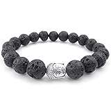 KONOV Natural Energy Gemstone Lava Beads Mens Womens Bracelet, 10mm Buddha Mala, Black Silver