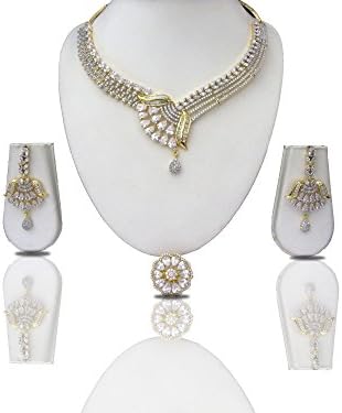 CZ American Diamond Indian Necklace Bollywood Famous Bridal Gold & SIlver Swam Jewelry Set S-187