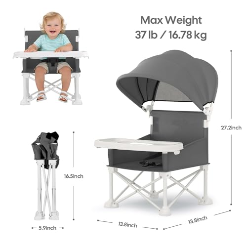 Portable Baby Chair, Foldable Toddler Booster Seat, with Removable Tray, Canopy and Safety Harness, Baby Sit up Chair, Portable Seat for Kitchen Chair (Gray)