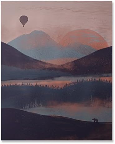 Outdoor Inspiration Wilderness Sunrise Lover Art Print Beautiful Peaceful Serene Forest Trees Lake Reflection Balloon Ride Over Mountains Nature Bear Wall Art Pink Blue Sky Home Decor 8 x 10 Inches