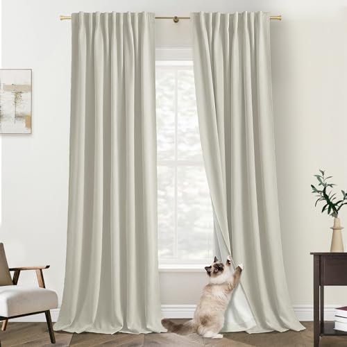 Photo 1 of 108 Inch Stone Curtains Long for Living Room, Back Tab Pleated Blackout Polished Faux Linen Black Out Extra Long Curtains for Bedroom Drapes 108 Inches Long 2 Panels, Natural Beige