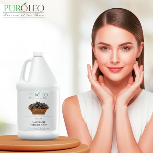 PUROLEO Castor Oil 64 Fl Oz/1893 ML (Packed In Canada) 100% Pure and Natural Hair, Lash, Beard, Eyelashes & Eyebrow Oil Black castor oil for brow lashes, Make eyelash serum, hair serum for dry hair and frizzy | huile de ricin pour huile de ricin pour cheveux