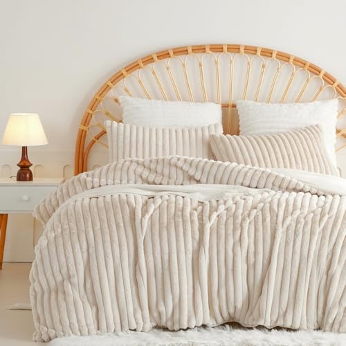 Nayoroom Warm Fleece Winter Bettwäsche 135x200 Beige Cashmere Touch Plüsch Bettbezug 2 Teilig Flauschig Kuschelige Plüschbettwäsche Microfaser Winterbettwäsche mit Reißverschluss und Kissenbezug 80x80