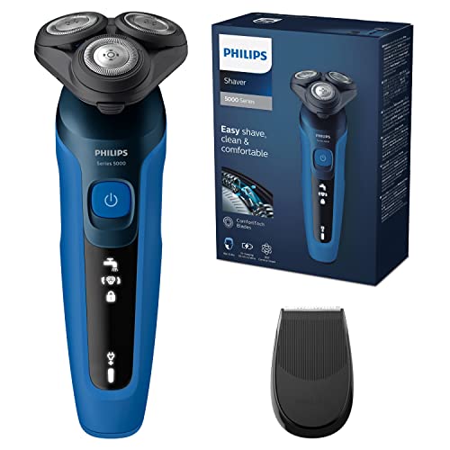 S5466/18 - Rasoio Elettrico Serie 5000, Pelle Bagnata e Asciutta, Lame Auto-Affilanti ComfortTech, Testine per Contorno Viso a 360°, Display LED, Rifinitore ad Aggancio