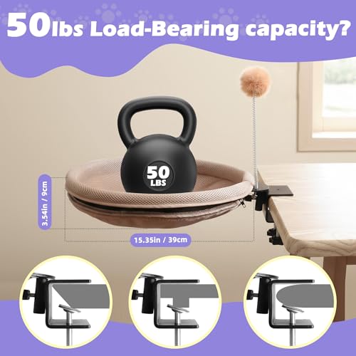 RASSR Cat Desk Bed with Teaser Wand, Under Desk Cats Bed Platform with Sturdy Clamp, Space-Saving Cat Perch Mounts Underneath Desk for Large Cats(Khaki)