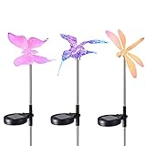 Homemory Set of 3 Solar Garden Lights Outdoor Decorative, Solar-Powered Hummingbird Lights, Dragonfly Lights, and Butterfly Lights, Color Changing, Rechargeable and Wireless Solar Garden Stakes