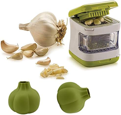 Garlic Slicer Kitchen Tool Sets，Garlic Press Mincer Cube Dicer Cutter Peeling Tool Set with Storage Container and Stainless Steel Blades Green Tool Set