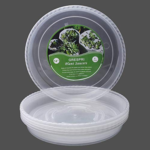 GRENSPRI Clear Plant Saucers in Thick Plastic 6 Packs of Flower Pot Saucers in 14 Inches Round Plant Tray Waterproof for Drips Recycle Indoor or Balcony (14 inches,6packs)