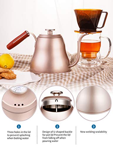 SULIVES 1.2L/40oz Stainless Steel with Built-in Thermometer Pour Over Coffee Kettle, Gold - Thumbnail 4