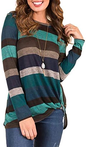 Promaska Women's Crewneck Stripe T Shirts Color Block Long Sleeve Tops Blouses Tees with Knot Front