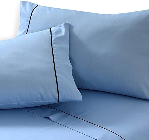 The Pride Collection 100% Cotton 500 Thread Count Luxury Sheets with French Embroidery Stitch Queen Bed Sky Blue with Navy Stitch