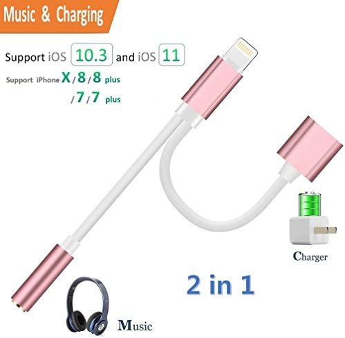 iPhone 8 Adapter Splitter, 2 in 1 Lightning Adapter for iPhone X/ 8/ 8Plus/7 /7 Plus Headphone Adapter Lightning Charger and Lightning to 3.5mm Aux Earphones Stereo Jack Adaptor Compatible with iOS 11