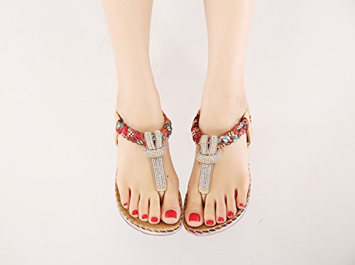 Women's Summer Bohemian Glitter T-Strap Vacation Flat Thong Sandals, Simple Rhinestones Red Open Toe Herringbone Silk-Like Floral Comfy T Strap Shoes for Dressy Casual Jeans Daily Wear Beach Holiday - Thumbnail 6