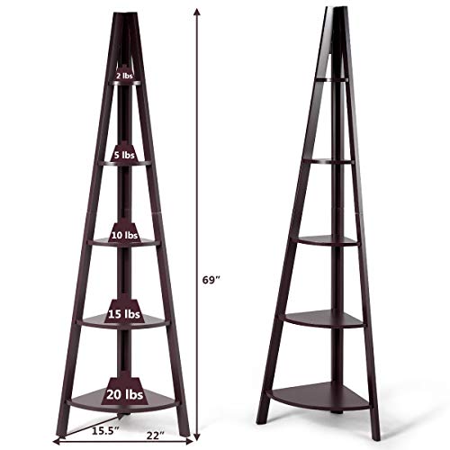 Tangkula 5 Tier Corner Shelf, 69 Inch Tall Corner Bookshelf, 5 Shelf