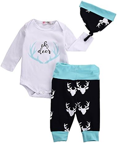 Zekyy 3pcs/Set Newborn Baby Boys Girls Cotton Long Sleeve Romper Oh Deer Bodysuit+Deer Print Pants+Hat Outfits (0-6Months, Sky Blue)