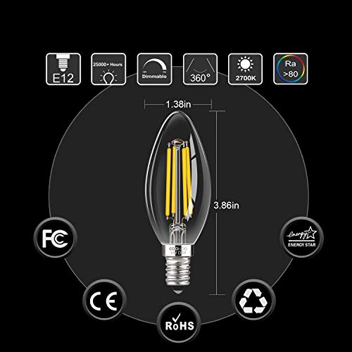 LED Candelabra Bulbs with E12 Base Dimmable E12 LED Bulbs 40W Equivalent Halogen Replacement 2700K Warm White 4W Filament Candle Light Bulbs with 400 Lumen 6 Packs by COOWOO
